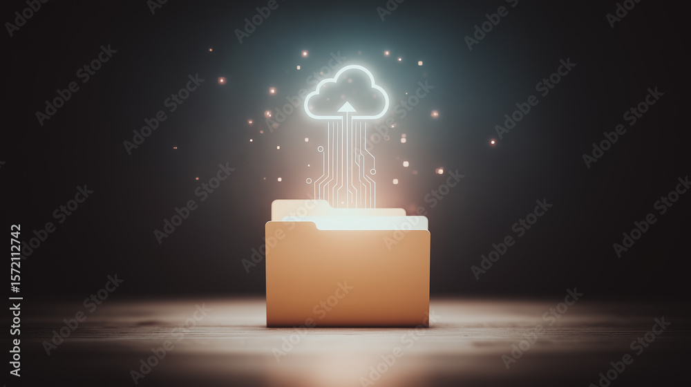 Poster cloud data transformation: a futuristic illustration showcases data streams rising from an open fold