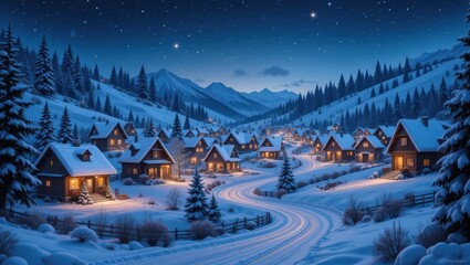Fototapeta premium Snowy Mountain Village at Night with Warm Lighted Cabins and Starry Sky