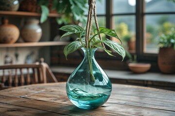 A clear vase with green leaves hanging by a rope on a wooden table in a rustic indoor setting