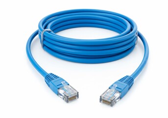 Coiled Blue Ethernet Cable with RJ45 Connectors on a White Background