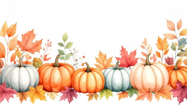 Autumnal Pumpkins and Leaves: A Watercolor Harvest Delight