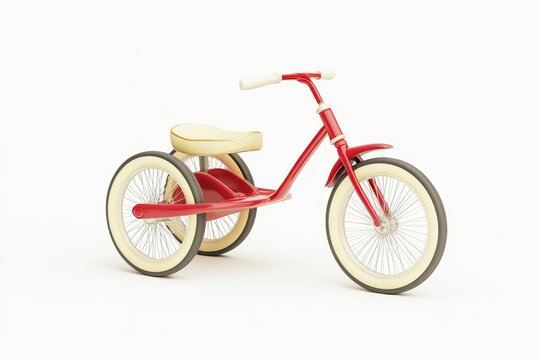 Retro red tricycle with cream colored seat and handlebars on a white background.