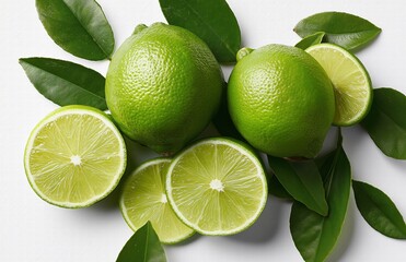 Flat lay fresh whole and sliced limes with scattered leaves, glossy green skin and juicy flesh on white background, organic food styling for beverage packaging and healthy product advertising