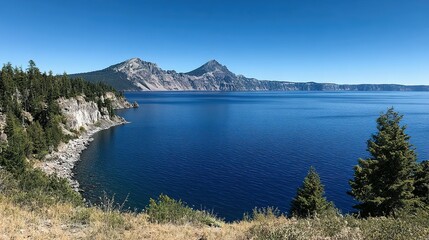 Scenic overlook of a deep blue lake surrounded by mountains and forest.