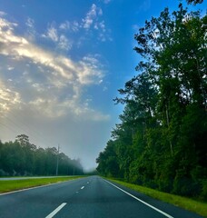 Naklejka premium Peaceful Country Road Through Forest Under Morning Sky