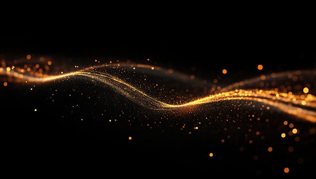 Abstract gold particles flowing in a wave pattern on a black background.