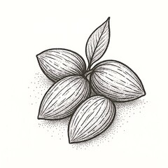 Detailed stippled illustration of almonds on a branch with leaves against a white background