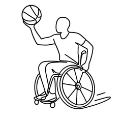 Fototapeta premium Dynamic line art depicts a person in a wheelchair holding a basketball with energy and motion.