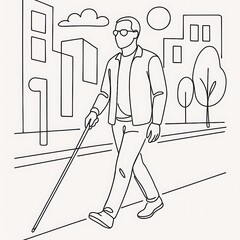 Monochrome line art depicting a man with cane walking in stylized city scene during daytime.