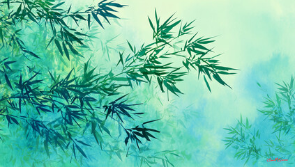 Bamboo, bamboo grass, ink painting style background illustration, generative AI. 竹　笹の水墨画風背景イラスト　generative ai