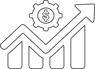 Growing Bar Chart with Upward Arrow and Gear with Dollar Sign Icon. Financial Growth and Strategy