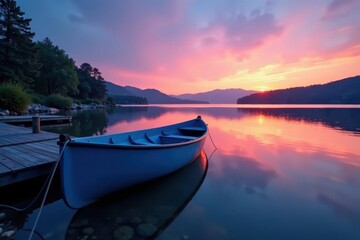 Blue rowboat at lakeside dock, twilight ambiance, nature, serenity