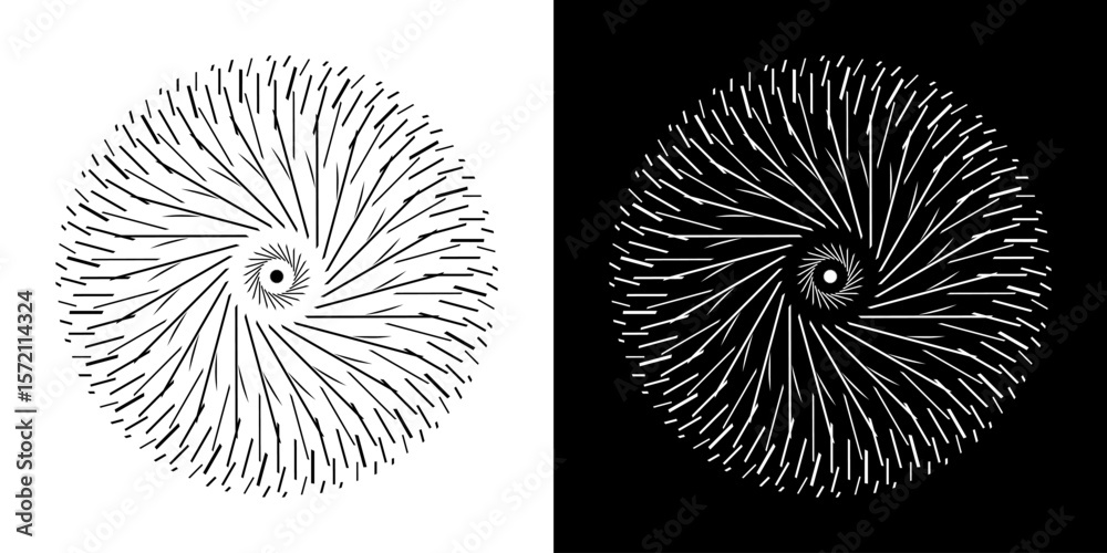 Aufkleber Abstract background with line pattern forming circle. Spiral art design as logo or icon. Black lines on white background and same white lines on black side. Mandala with line pattern.