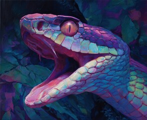 A vibrantly colored snake with iridescent scales opens its mouth in a striking close-up digital painting, set against dark foliage, blending realism and fantasy in bold artistic brushstrokes.