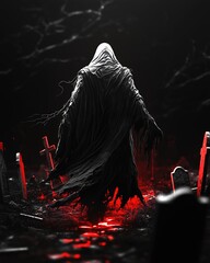 A hooded phantom in tattered robes walks through a dark graveyard lit by an eerie red glow beneath its feet, surrounded by tilted gravestones and swirling shadows in a haunted fantasy scene.