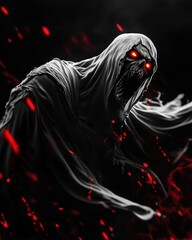  A terrifying hooded specter with glowing red eyes and a monstrous skeletal face lunges from swirling shadows, its torn robes flowing with eerie motion and surrounded by glowing embers.