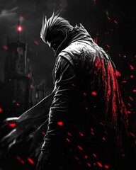 A dark warrior with spiked white hair and glowing red eyes stands before a gothic castle, his tattered cloak trailing behind him amidst glowing red embers in a cinematic fantasy setting.
