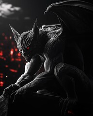 A fierce demonic gargoyle with glowing red eyes crouches on a ledge, muscles tensed and wings folded as it overlooks a burning city below in a dramatic, dark fantasy night scene.