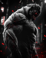 Intense, hyper-detailed black and white digital art of a monstrous horned creature with glowing red eyes and menacing fangs, powerful physique highlighted by glowing red cracks across its arms.