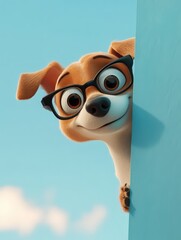 Playful 3D cartoon brown dog with stylish black glasses, curiously peeking from behind a light blue barrier against a cloudy sky, its large expressive eyes and gentle smile