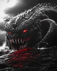 Terrifying black and white digital art of a colossal monster emerging from dark waters with glowing red eyes and razor-sharp teeth, its immense power hinted by chaotic red reflections on the surface.