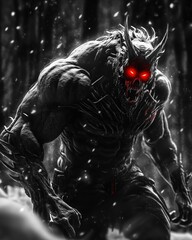 Terrifying black and white digital art of a horned monster with glowing red eyes and bared teeth, emerging from a snowy forest, its powerful physique radiating an intense and ominous presence.