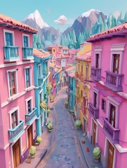 A charming low-poly depiction of Colonial Quito, featuring vibrant multi-colored houses with balconies and intricate ironwork, lining a narrow cobblestone street