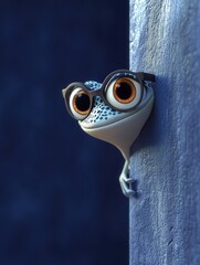 Curious 3D cartoon lizard with stylish black glasses, peeking from behind a dark blue textured wall, its large orange eyes showing interest and a gentle expression, a fun and unique character design.