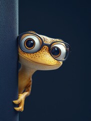 Adorable 3D cartoon yellow lizard with sophisticated black glasses, peeking from behind a dark blue background, its large expressive eyes showing intelligence and gentle curiosity, a charming characte