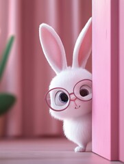 Adorable 3D cartoon rabbit in stylish pink glasses peeking playfully from behind a vibrant pink wall, a charming and cute character with large expressive eyes and fluffy white fur
