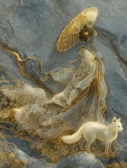 An ethereal, timeless immortal girl in flowing golden and white robes, gracefully holding a delicate parasol, accompanied by a majestic white fox amidst a mystical landscape of swirling golden pattern