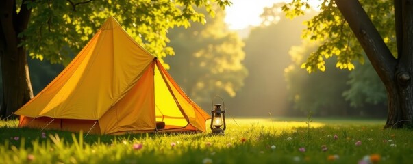 Sunny yellow tent with antique lantern, idyllic setting, stunning, nature