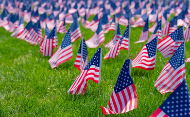 Flag of the United States at a memorial. July 4th celebration. USA flag background. American flag waving. American flags on grass. US banner. Memorial Day. USA flags. United States flags in park.