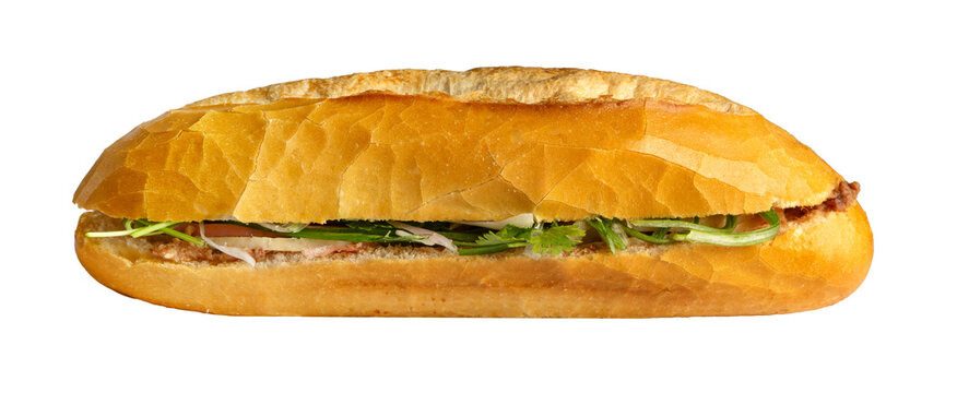 Close up of a banh mi sandwich with meat. Banh mi thit nuong or a vietnamese barbecue pork sandwich. Street food in vietnam