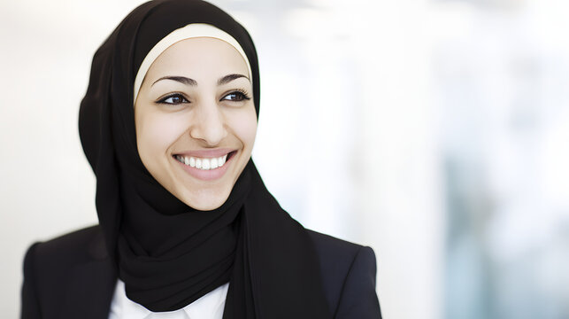 Young Arab businesswoman smiling with confidence, representing modern professionalism and self-assurance.