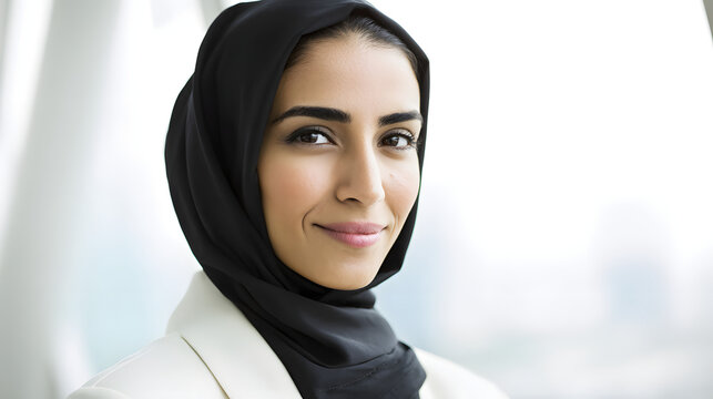 Young Arab businesswoman smiling with confidence, representing modern professionalism and self-assurance.