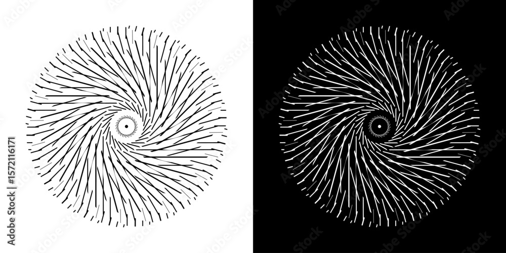Aufkleber Abstract background with line pattern forming circle. Spiral art design as logo or icon. Black lines on white background and same white lines on black side. Mandala with line pattern.