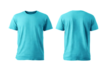 Front and back view of a plain teal blue crew neck short sleeve t shirt made of textured fabric isolated on transparent background