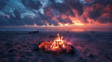 Beach bonfire at sunset under dramatic sky