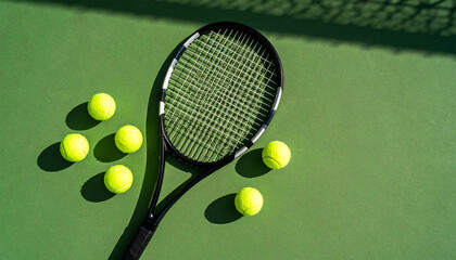 "Flat Lay of Tennis Racket and Balls on Green Court with Hard Shadows, Top View, Realistic Lighting and Texture"