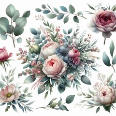 Bouquet set with watercolor floral illustration. Wedding invitations, greetings, wallpapers, fashion, prints. Eucalyptus, olive tree, peony, rose.