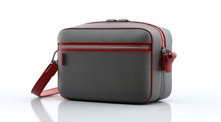 Gray leather crossbody bag with red accents
