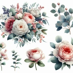 Bouquet set with watercolor floral illustration. Wedding invitations, greetings, wallpapers, fashion, prints. Eucalyptus, olive tree, peony, rose.