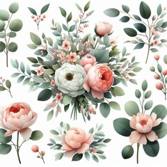 Bouquet set with watercolor floral illustration. Wedding invitations, greetings, wallpapers, fashion, prints. Eucalyptus, olive tree, peony, rose.