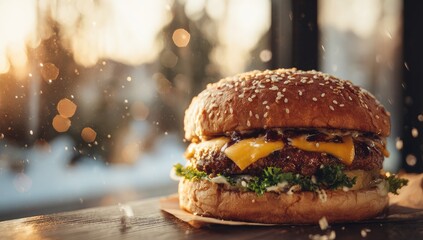 Golden sunset burger on rustic wood