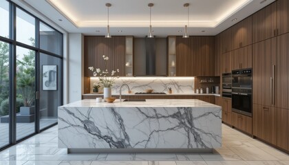 Modern Kitchen Design: Luxury Marble Island and Walnut Cabinets