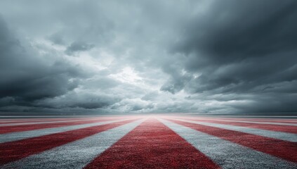 Red and white striped track under stormy sky