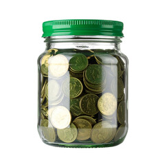 Glass jar with coins for savings isolated on white