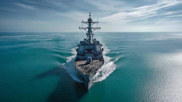 Naval power: A modern warship gracefully cuts through the expansive teal ocean, creating a striking maritime scene