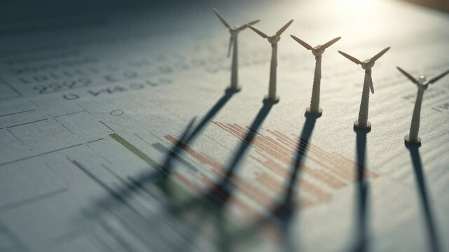 Green energy stocks with miniature wind turbine models casting shadows on financial chart paper showing growth trends - Powered by Adobe